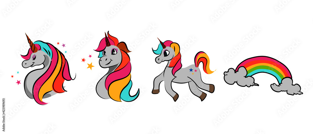 Obraz premium set of Cute White Beautiful Unicorn with Stars and Rainbow illustration Vector Isolated 