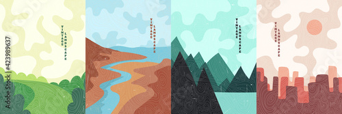 Vector illustration landscape. Japanese linear wave pattern. Mountain background. Asian style. Design for poster, cover, room interior, postcard. Scratched old paper effect. Line art. Meadow, city