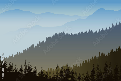 Forest silhouette. Mountain landscape. Mountains and forest header. Wild nature landscape. Vector illustration © Роман Ярощук