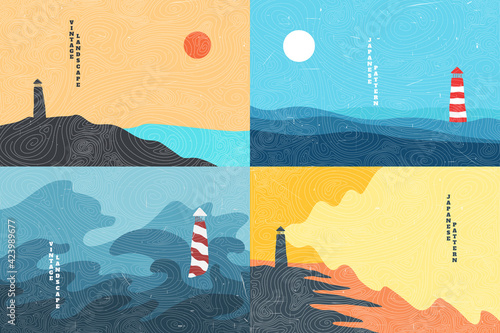 Vector illustration. Minimalist contemporary painting landscapes. Japanese linear pattern overlay. Modern graphic. Hand drawn line art. Hand drawn design elements for banner, social media template.