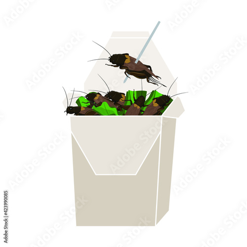 Crickets insects for eating as food deep-fried crispy snack and skewer in paper box for take out home. It is good source of protein edible for eating future food and entomophagy concept.