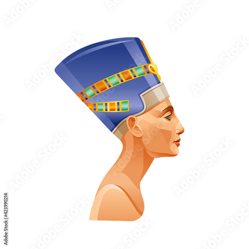 Egyptian queen Nefertiti or Cleopatra head. Pharaoh wife ancient Egypt icon. Beautiful girl head in old crown.