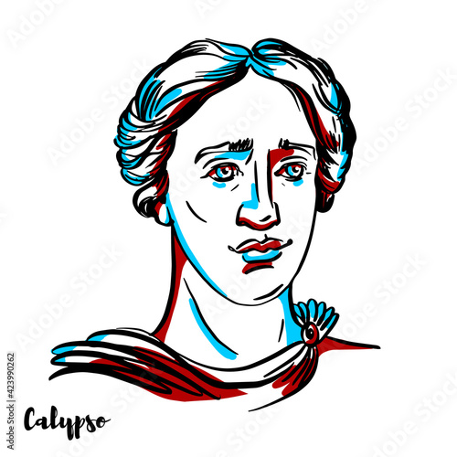 Calypso engraved vector portrait with ink contours on white background. The nymph in Greek mythology, who lived on the island of Ogygia, where  she detained Odysseus for seven years.