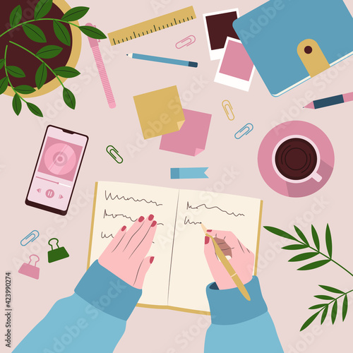 and character writing diary with notes coffee cup playlist in smartphone home illustration