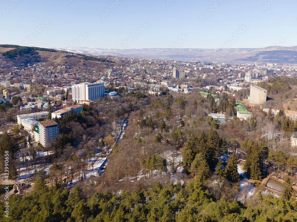 Aerial view of Kislovodsk with narzan gallery in sunny day, heath and ecological resotrt in Russia near Caucasus mountains