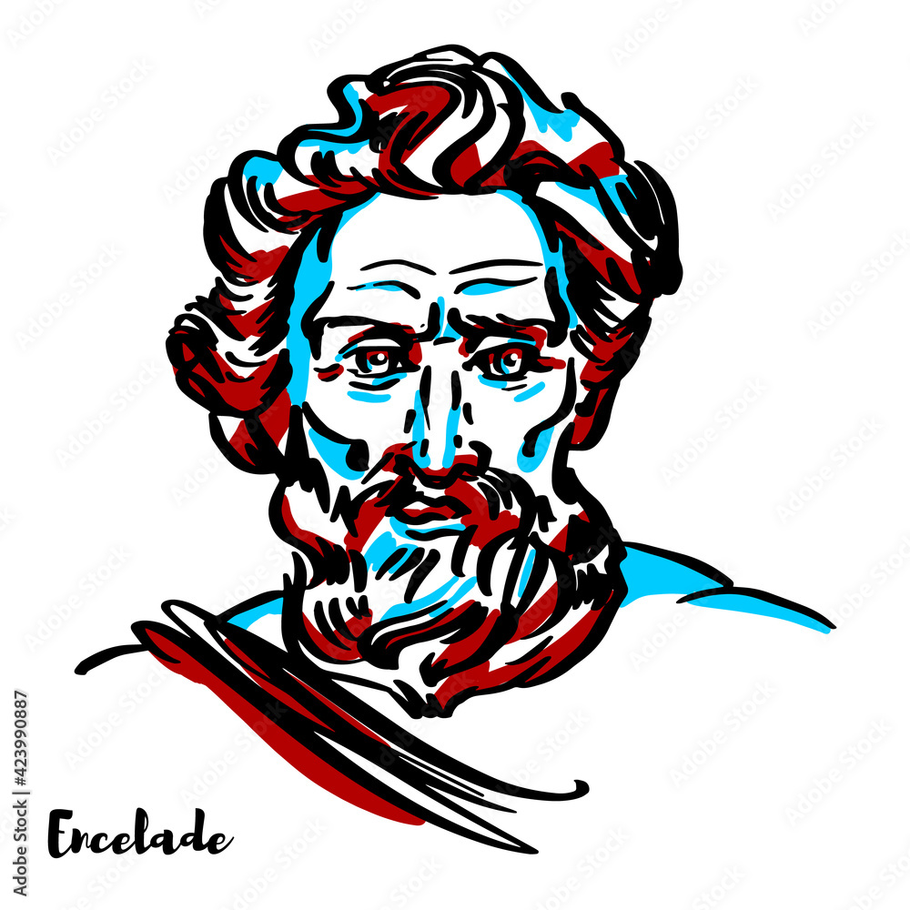 Encelade engraved vector portrait with ink contours on white background. In Greek mythology, Enceladus was one of the Giants, the offspring of Gaia (Earth), and Uranus (Sky). Encelade engraved vector portrait with ink contours on white background. In Greek mythology, Enceladus was one of the Giants, the offspring of Gaia (Earth), and Uranus (Sky).