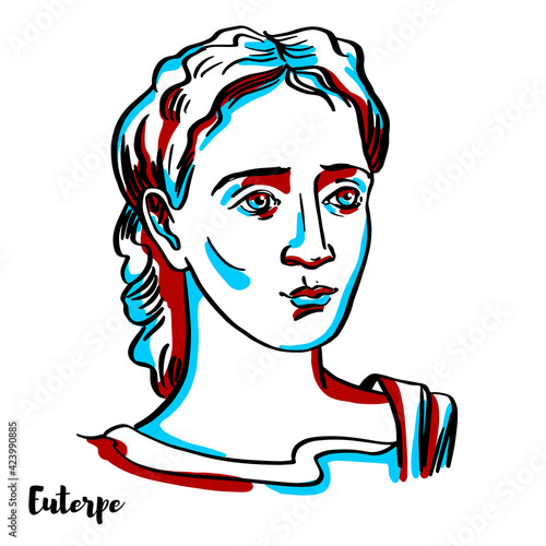 Euterpe engraved vector portrait with ink contours on white background. She was one of the Muses in Greek mythology, presiding over music.