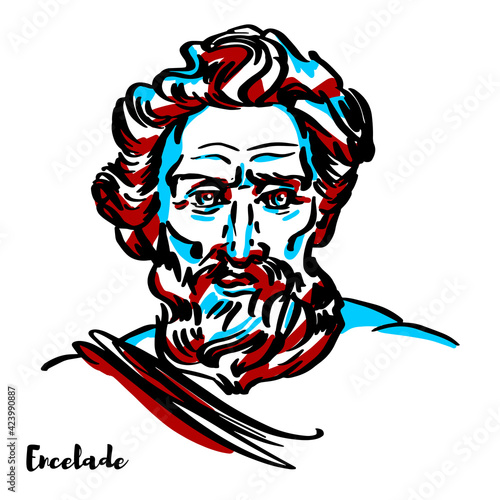 Encelade engraved vector portrait with ink contours on white background. In Greek mythology, Enceladus was one of the Giants, the offspring of Gaia (Earth), and Uranus (Sky).