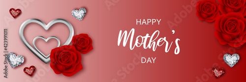 happy mother's day banner with hearts and roses photo