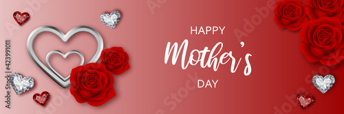 happy mother's day banner with hearts and roses