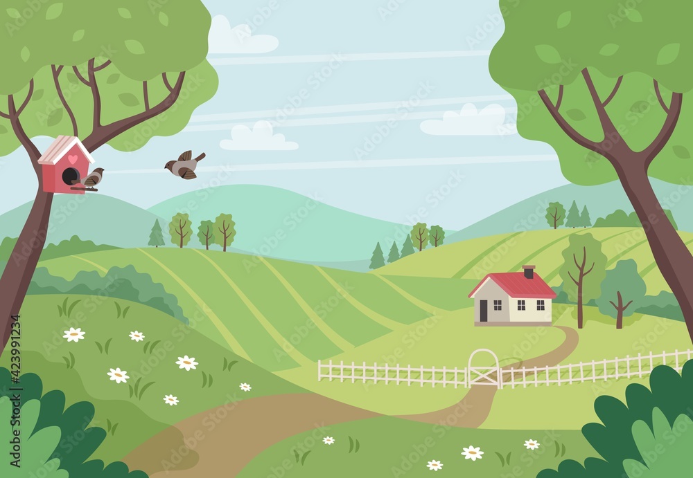 Spring countryside landscape with house, trees and birds. Cute vector illustration in flat style