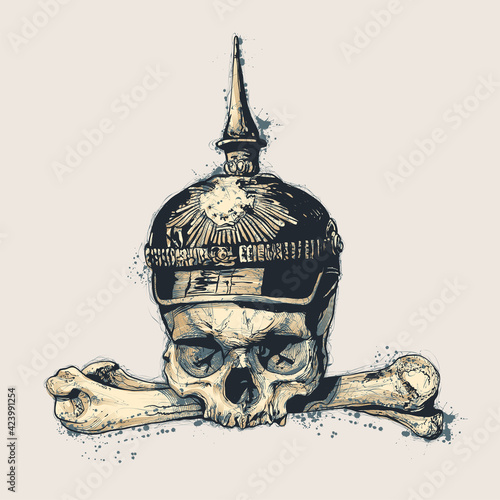 Retro design with biker skull in war helmet and crossbones. vector illustration. 