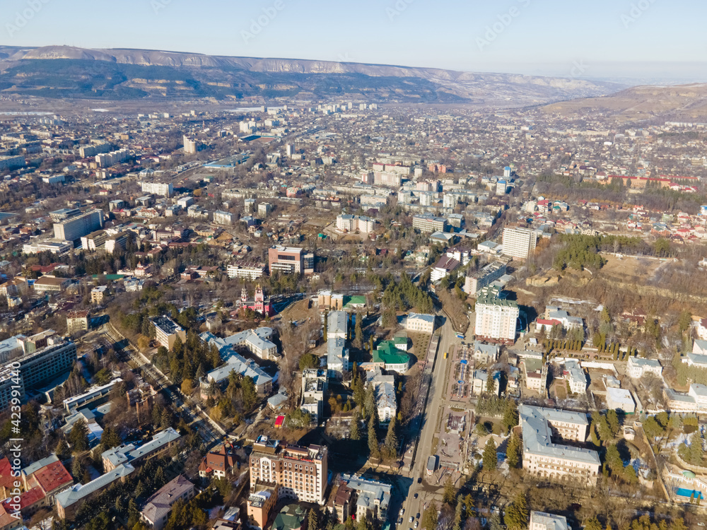 Aerial view of Kislovodsk with narzan gallery in sunny day, heath and ecological resotrt in Russia near Caucasus mountains