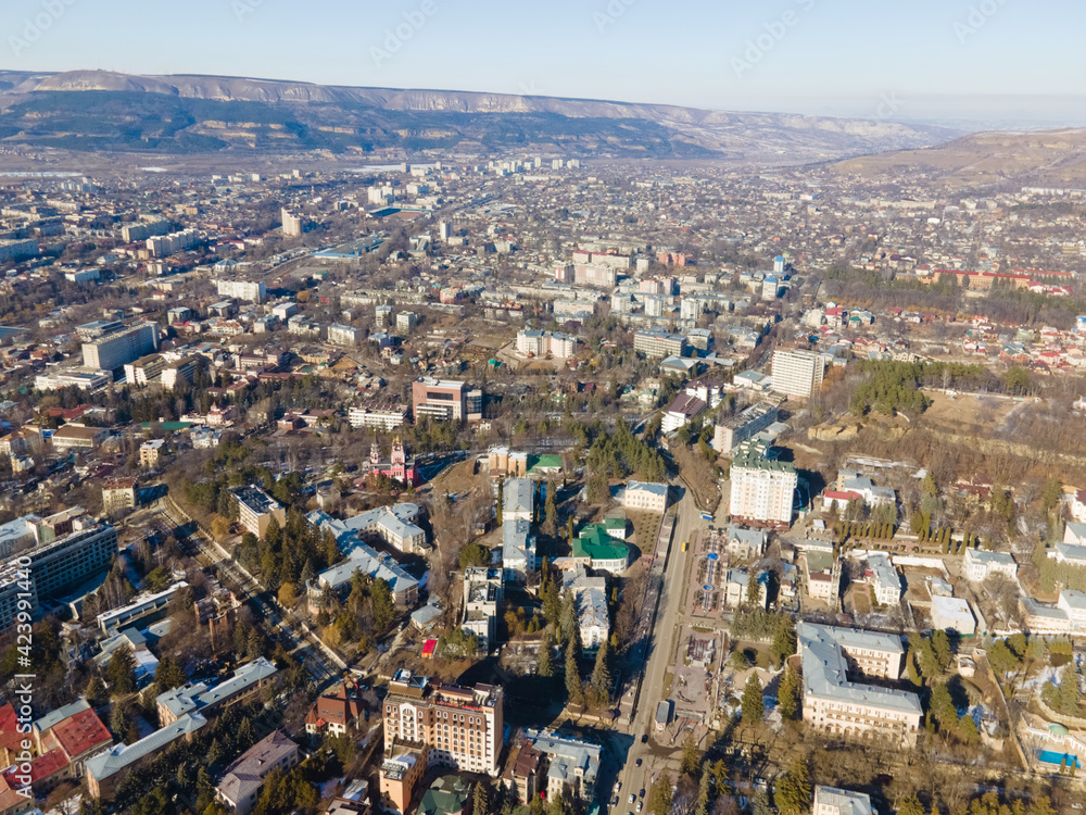 Aerial view of Kislovodsk with narzan gallery in sunny day, heath and ecological resotrt in Russia near Caucasus mountains Aerial view of Kislovodsk with narzan gallery in sunny day, heath and ecological resotrt in Russia near Caucasus mountains