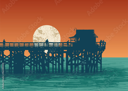 Oceanic view with silhouette pier and full moon. vector illustration.