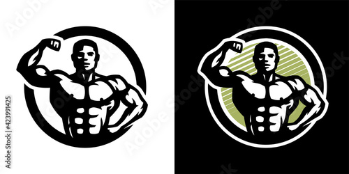 Posing athlete. Bodybuilding and fitness logo, on a light and dark background. Vector illustration.