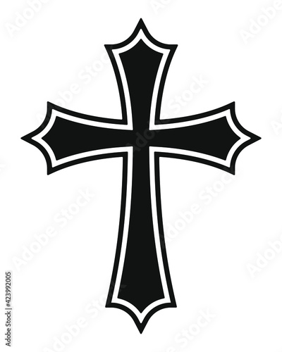 Cross vector shape symbol. Christianity sign. Christian religion icon. Catholic and protestant faith logo or image. Gothic crucifix. Black silhouette isolated on white background.