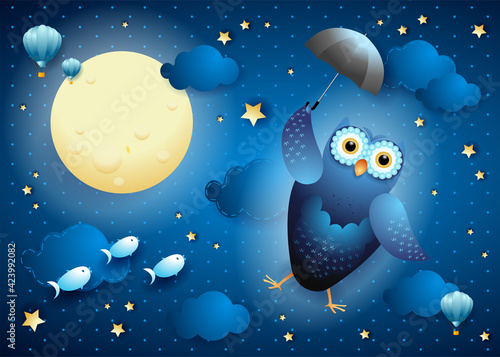 Cute flying owl with umbrella on starry sky, vector illustration eps10