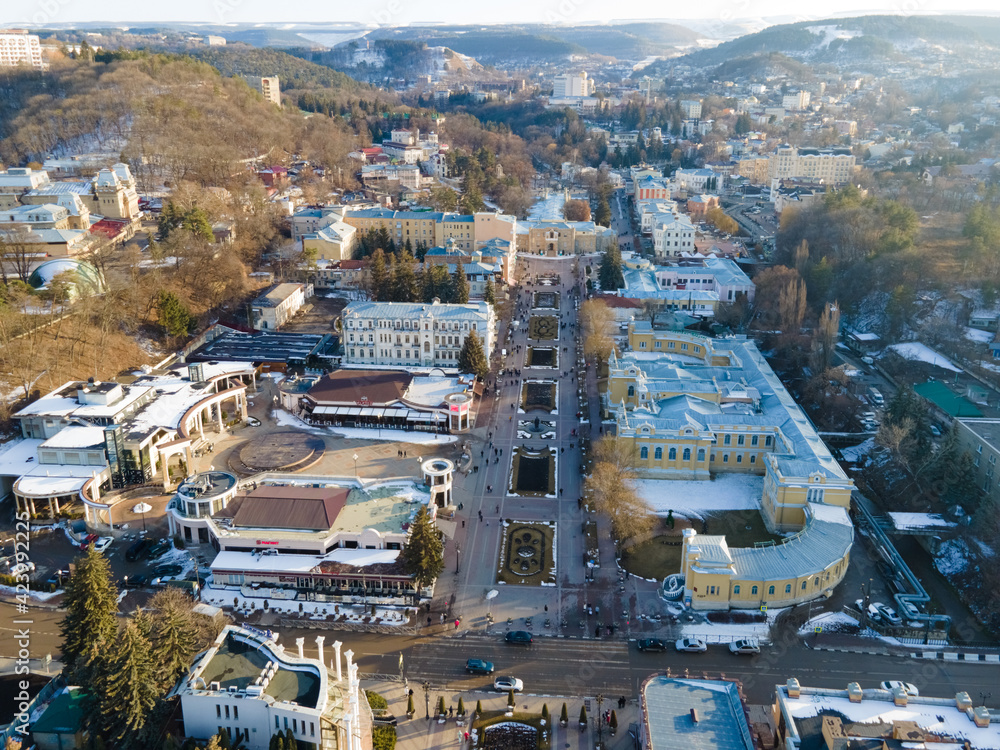 Aerial view of main prospect in Kislovodsk with narzan gallery in sunny day, heath and ecological resotrt in Russia near Caucasus mountains