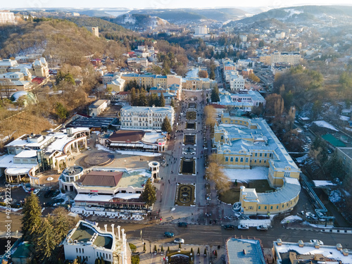 Aerial view of main prospect in Kislovodsk with narzan gallery in sunny day  heath and ecological resotrt in Russia near Caucasus mountains