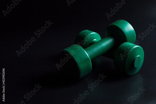 Dumbbells with copy space. Woman's fitness tools.