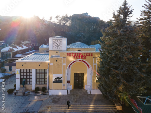 Aerial view of main prospect in Kislovodsk with narzan gallery in sunny day, heath and ecological resotrt in Russia near Caucasus mountains, building with words 