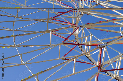 Ferris wheel constraction on the blue sky background.
City pattern and lines.