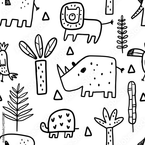 Vector seamless hand drawn doodle pattern with safari animals and tropical plants. Vector texture in childish style great for fabric and textile, wallpapers, backgrounds.