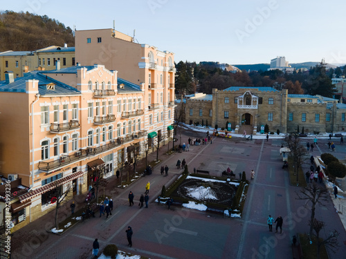 Aerial view of main prospect in Kislovodsk with narzan gallery in sunny day, heath and ecological resotrt in Russia near Caucasus mountains