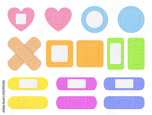 Realistic Detailed 3d Color Aid Band Plaster Medical Patch Set. Bundle of medical dressings of various types for wounds and injuries.