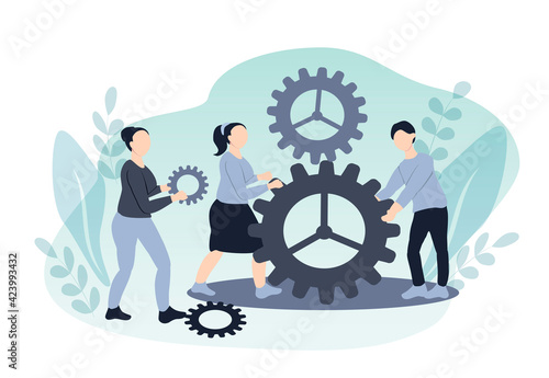 vector flat illustration on the theme of teamwork. a man and a girl are pulling a gear, another girl is helping them. teamwork, friendly staff, close-knit work. illustration for web, magazines, apps