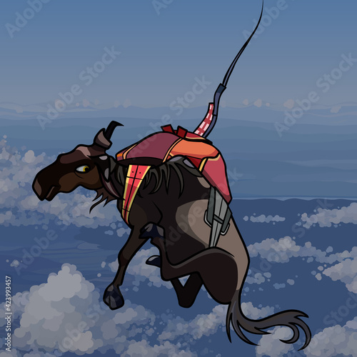 cartoon wildebeest flying above the clouds by parachute