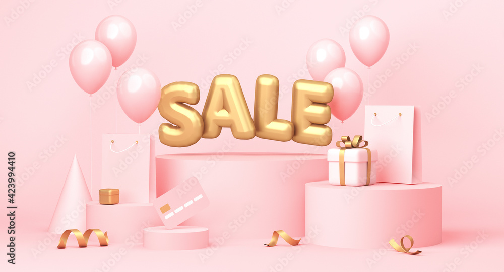 Sale poster with word, balloons, gifts and some shopping related elements. 3d rendering