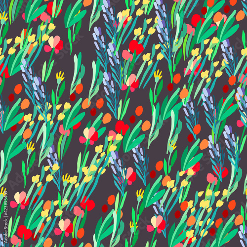 Seamless pattern with flowers, plant vector background.