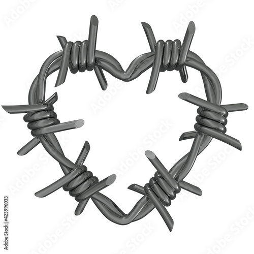 Heart of Steel - 3D render of metal barbed wire forming a heart, high resolution pixel image with transparent background