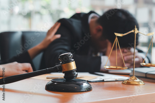 Slika na platnu lawyer consoling solution to his clients provides legal advice and trust commitment strain serious for problem, justice and law concept