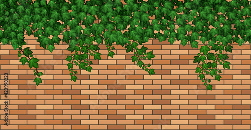 Ivy on brick wall. Green ivy leaves climbing on brown brick wall of building,  house or fence. Summer foliage overgrown, garden liana. Seamless pattern. Texture for background. Vector illustration