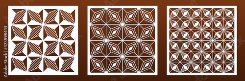 Laser cut panels with modern abstract geometric pattern. CNC cutting or carving. Home interior design, room dividers, privacy screens, wall art, card background decoration. Vector illustration