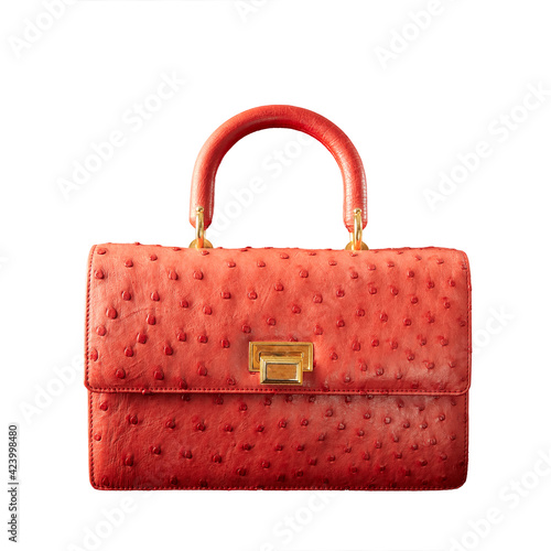 Women's ostrich leather handbag isolated on white background