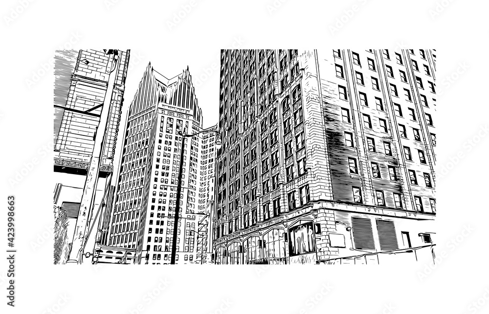 Building view with landmark of Detroit is the largest city in the midwestern state of Michigan. Hand drawn sketch illustration in vector.
