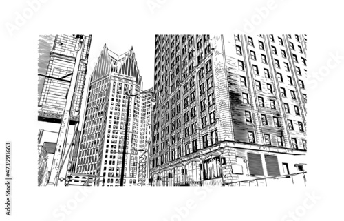 Obraz na płótnie Building view with landmark of Detroit is the largest city in the midwestern state of Michigan. Hand drawn sketch illustration in vector. w salonie