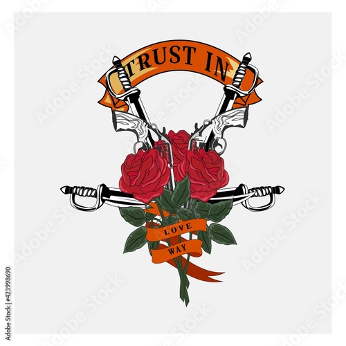 Roses with guns and swords illustration for your clothing design or symbol.  