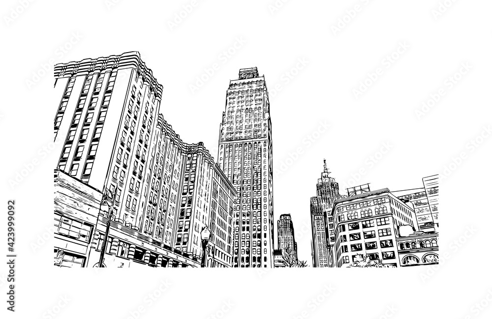 Building view with landmark of Detroit is the largest city in the midwestern state of Michigan. Hand drawn sketch illustration in vector.