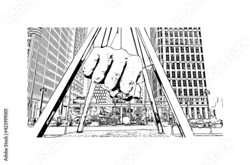 Building view with landmark of Detroit is the largest city in the midwestern state of Michigan. Hand drawn sketch illustration in vector.