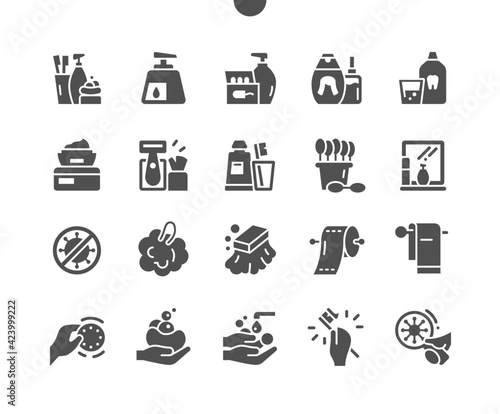 Hygiene. Clean hand. Feminine intimate hygiene. Toilet paper, cream, razor, earbuds and soap. Bathroom. Dental care. Vector Solid Icons. Simple Pictogram