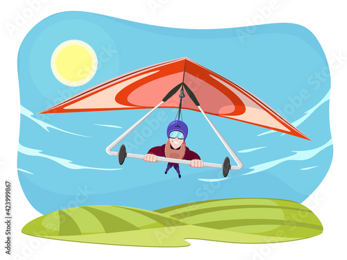 Hang gliding character vector illustration isolated on white background. Cheerful hang gliding tandem flying in sky