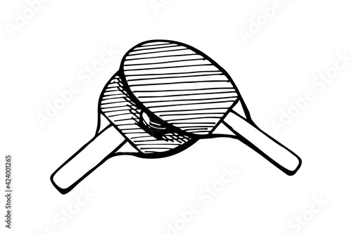 Ping-pong rackets and ball hand drawn outline outline sketch icon. Table tennis equipment. Ping pong game paddles logo concept. Vector black ink doodle illustration on white background