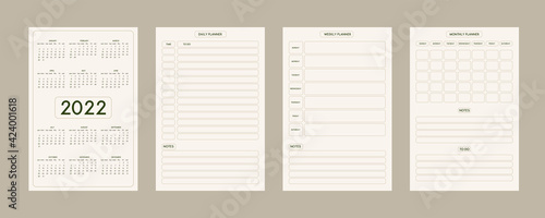2022 calendar daily weekly monthly personal planner diary template minimalist trendy style, pastel beige olive natural color palette. Week starts on sunday