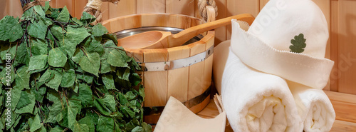 Russian Sauna and accessories: birch broom, wooden bucket, Towel