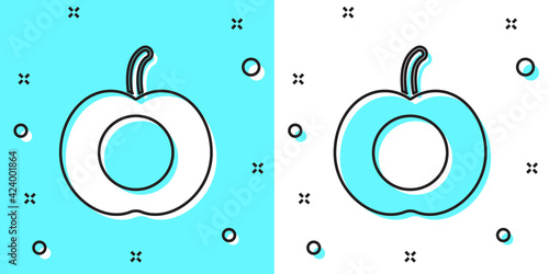 Black line Peach fruit or nectarine with leaf icon isolated on green and white background. Random dynamic shapes. Vector